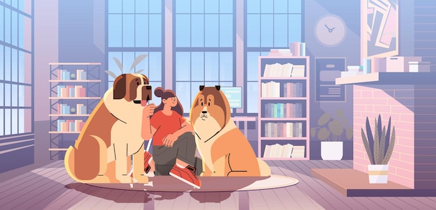 woman pet owner sitting with big dogs best friends domestic animal caring for fourfooted friend concept modern living room interior horizontal vector illustration