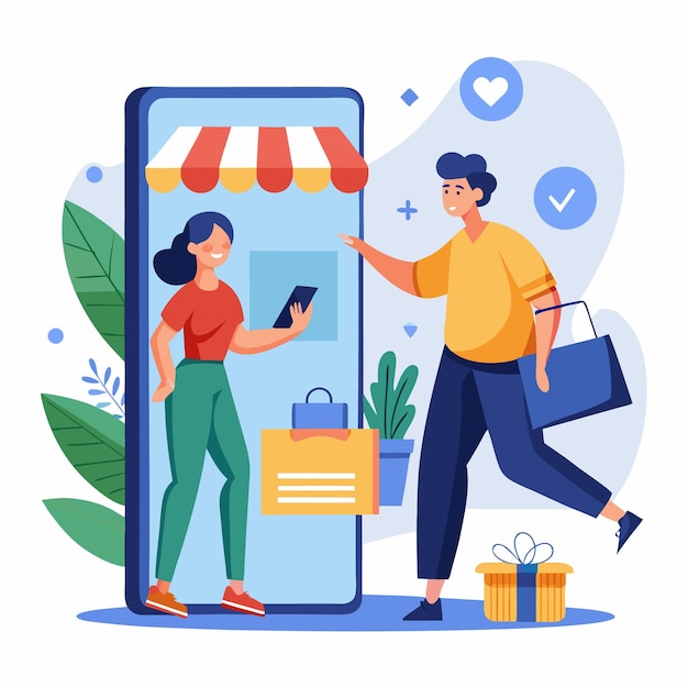 Vector a woman in a phone screen holding a tablet is accepting a purchase from a man with a shopping bag and gift