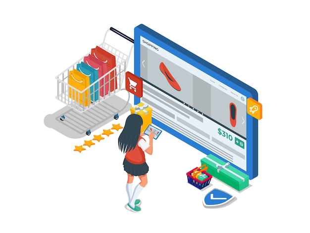 Woman pick shoes in computer screen at online shop. Isometric e-commerce illustration concept with female character.