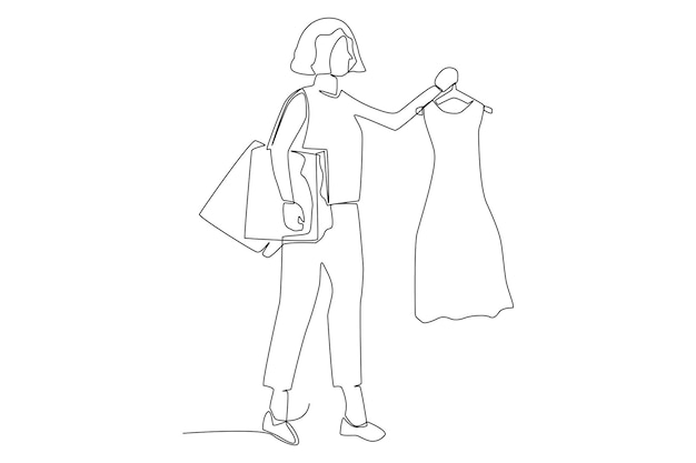 A woman picking a dress in shopping centre line art