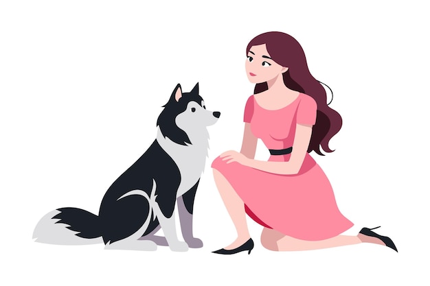 Vector woman pink dress sitting black white dog