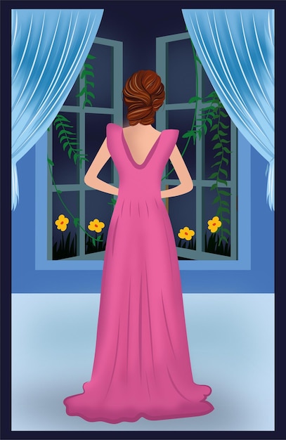 Vector a woman in a pink dress stands in front of a window with a plant on the left side.