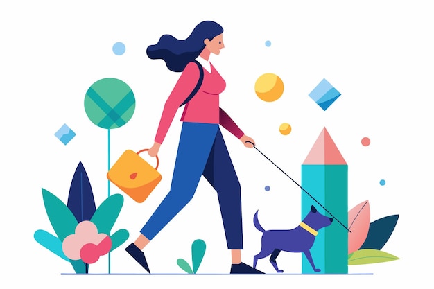 Vector a woman in a pink sweater and blue pants strolls with her dog on a leash surrounded by vibrant plants and playful geometric shapes in a lively park setting