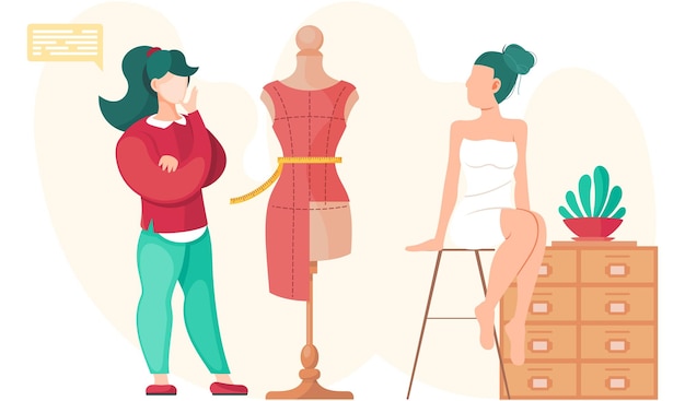 Woman planning model of future garment Professional tailoring studio Sewing clothes Tailor measures waist Girl sitting on stool and looking at mannequin with unfinished dress vector illustration