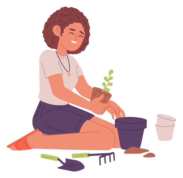 Woman planting flower in soil pot color icon