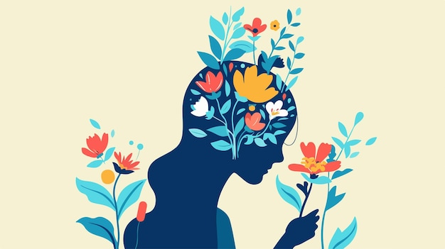 Vector woman planting flowers for mental health concept