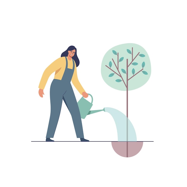 Woman planting and watering tree Female character caring for garden Vector illustration