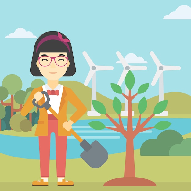 Woman plants tree vector illustration.