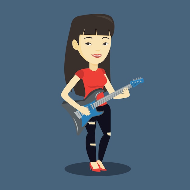 Woman playing electric guitar illustration.