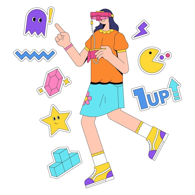 Woman playing game with virtual reality glasses illustration and stickers with ninety illustration