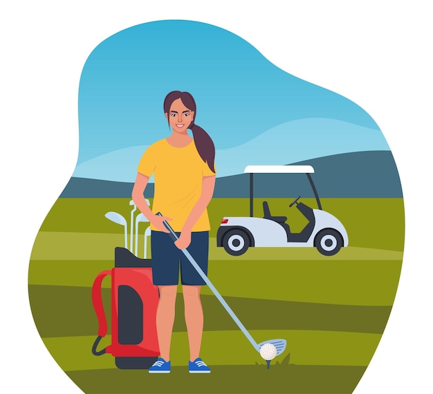 Vector woman playing golf golfer with golf club on green grass bag with professional equipment