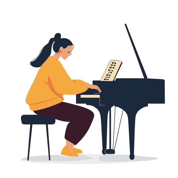 Vector a woman playing a piano with the word piano written on the bottom