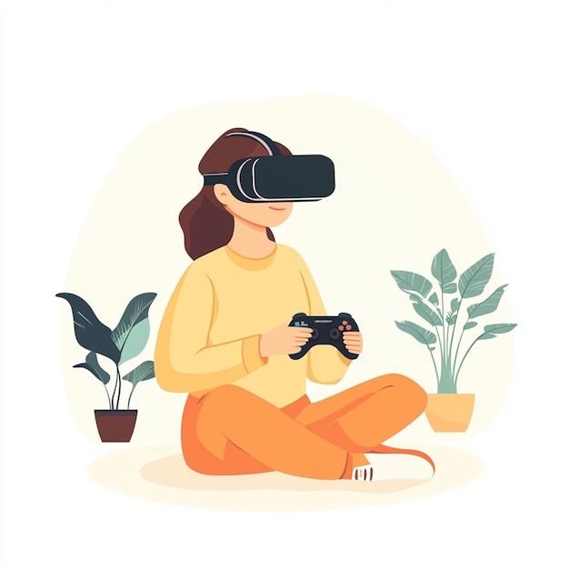 Vector woman playing video with vr headset