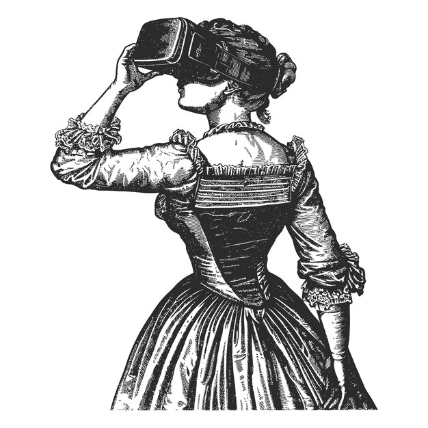 woman playing virtual reality headset in old engraving style art