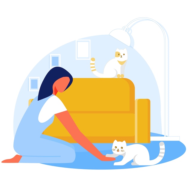 Woman Playing with Cat in Living Room, Relax.