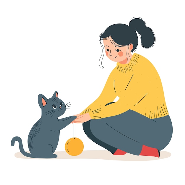 Vector a woman playing with a cat using a toy