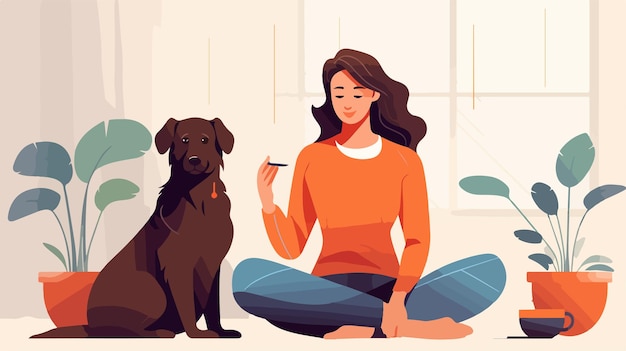 Vector woman playing with dog at home joyful hostess with pet