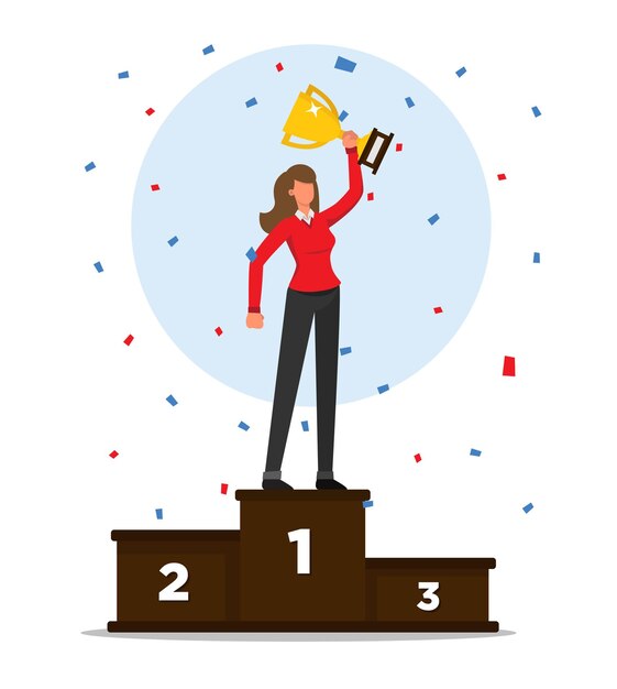 Vector woman on a podium celebrating victory holding his trophy with confetti