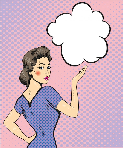 Woman point hand sign with speech bubble