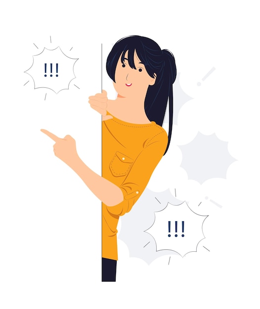 Woman pointing finger on wall while startled, shocked, Surprised, speaking, listening, hearing, whispering, and Pay attention concept illustration