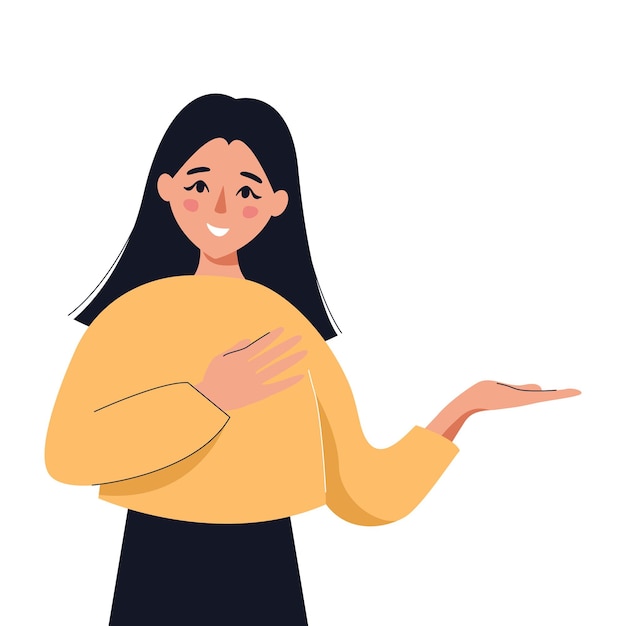 Woman pointing to something with her hand. Girl making gesture paying attention. Vector illustration