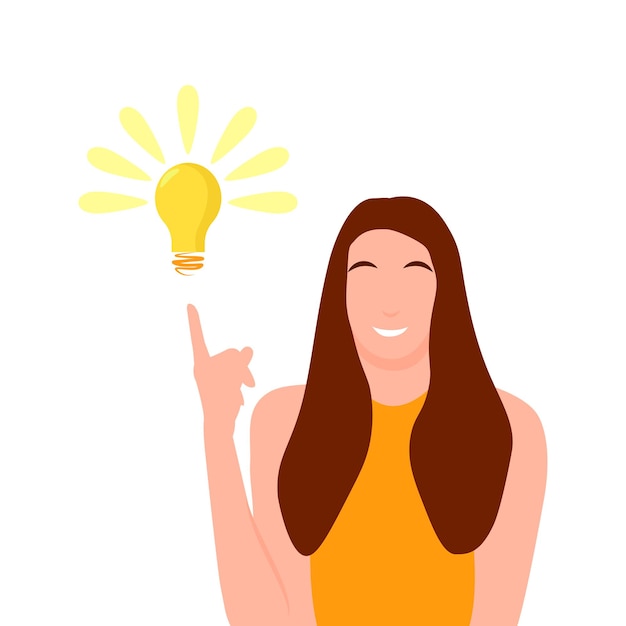 Woman points on light bulb over her Happy female entrepreneur has business idea Concept of innovation solution and creativity Vector cartoon illustration