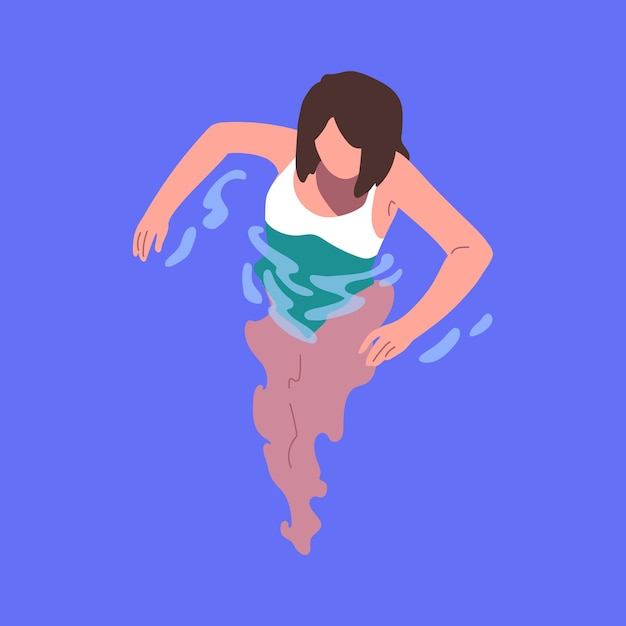 Woman in pool Female character in swimwear standing in sea inside transparent water to waist top view Girl in swimsuit relaxing swimming in aqua on summer holiday Flat vector illustration