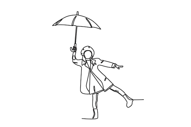 A woman posing with an umbrella Autumn oneline drawing