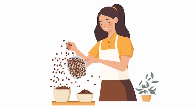 Vector woman pouring baking beans on dough flat vector illustration