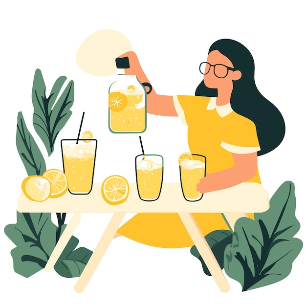 Vector a woman pouring lemonade into glasses on a picnic table