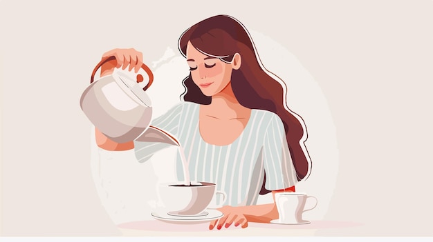 Vector a woman pouring milk into a cup with a spoon