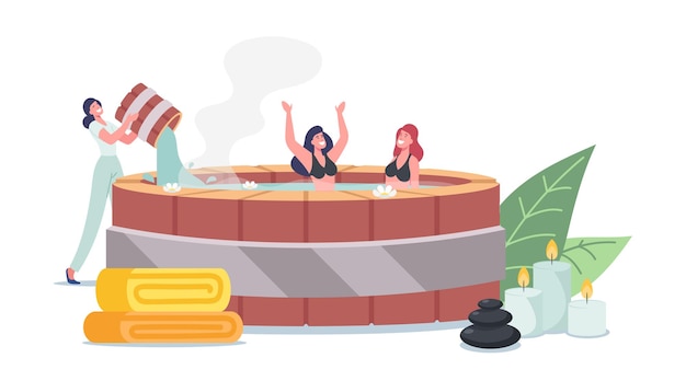 Woman Pouring Water into Onsen Bath with Happy Characters Relaxing. Natural Japanese Spa Resort, Hot Springs. Young Company Friends Enjoy Thermal Water Pool Therapy. Cartoon People Vector Illustration