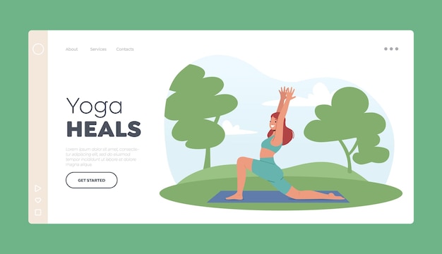 Woman Practice Outdoor Yoga Landing Page Template Female Character Stand in Warrior Posture with Hands Up in Park