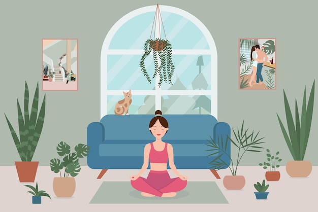 Vector a woman practices yoga in a lotus position in a cozy room with a large window potted plants