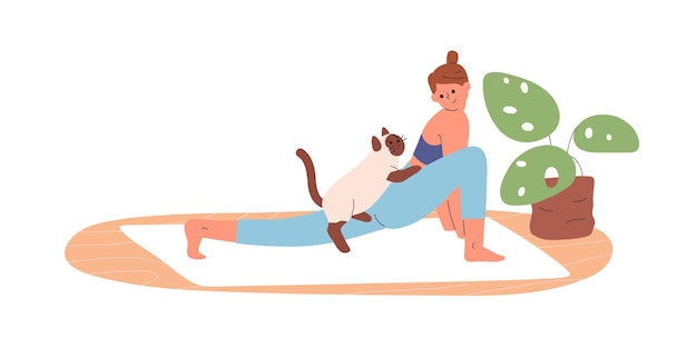 Woman practicing yoga exercise with cute cat at home. Happy person doing stretching workout with pet. Young female working out on mat indoors. Flat vector illustration isolated on white background