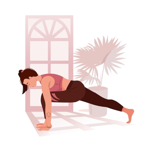 Vector woman practicing yoga. healthy lifestyle woman with closed eyes stretching her legs and meditating