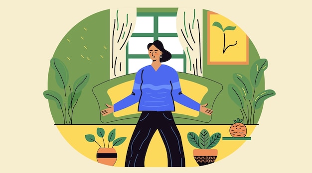 Vector woman practicing yoga indoors surrounded by plants bright colors peaceful home setting