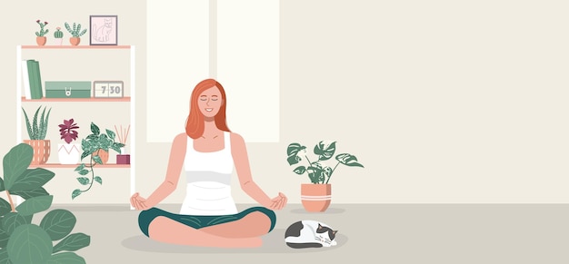 A woman practicing yoga and meditating at home Vector