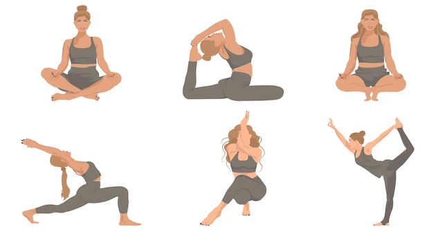 Vector woman practicing yoga, set of different poses. healthy lifestyle. illustration in flat style.