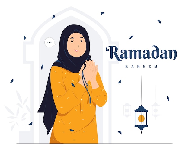 Woman Pray on Ramadan Kareem concept illustration