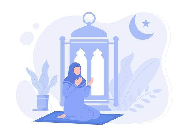 A woman praying at ramadan Eid al fitr moment illustration Modern vector flat illustration