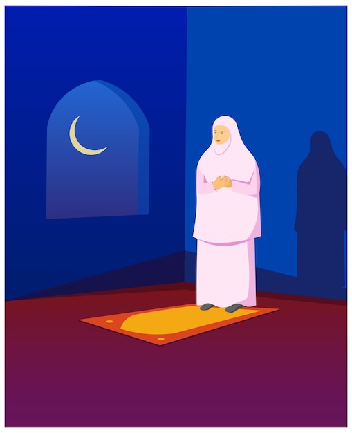 Vector a woman prays at night in ramadan