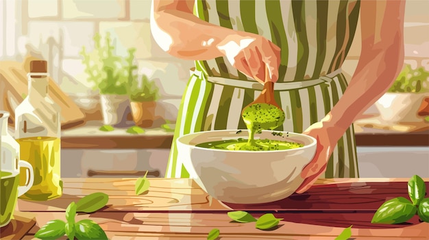 Woman Preparing Tasty Pesto Sauce on Light Wooden Background