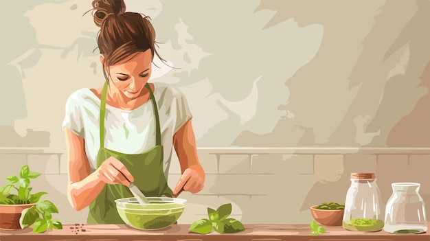 Woman Preparing Tasty Pesto Sauce on Light Wooden Background