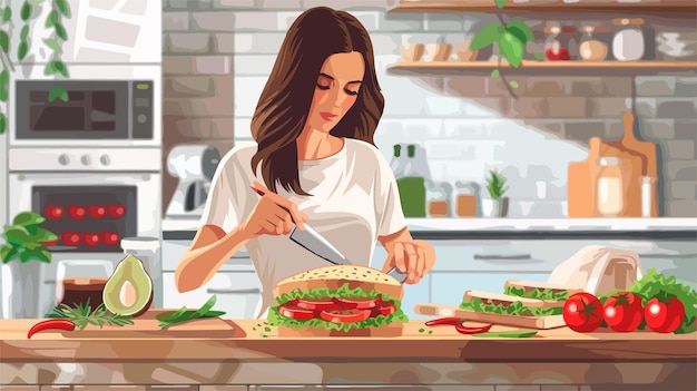 Woman Preparing Tasty Sandwich on Wooden Background