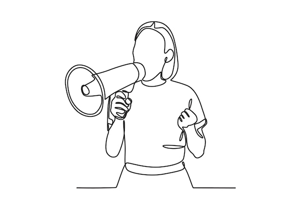 Vector a woman presents her argument with a megaphone speak up oneline drawing