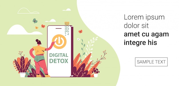 woman press power button on smartphone screen digital detox vacation concept