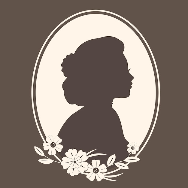 Woman profile silhouette in vintage style with flowers in monochrome