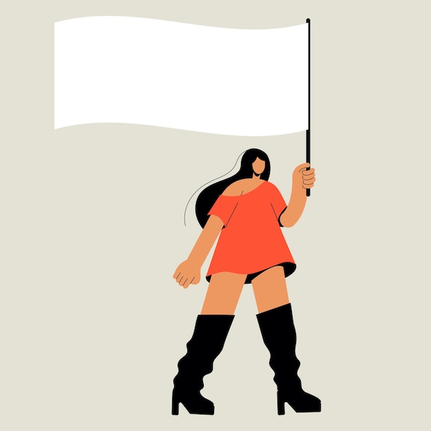 A woman at a protest. A girl in a dress with a flag at a rally demands equality. White flag in hand