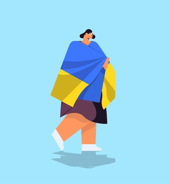 woman protester holding Ukrainian flag pray for Ukraine peace save Ukraine from russia stop war concept full length vector illustration